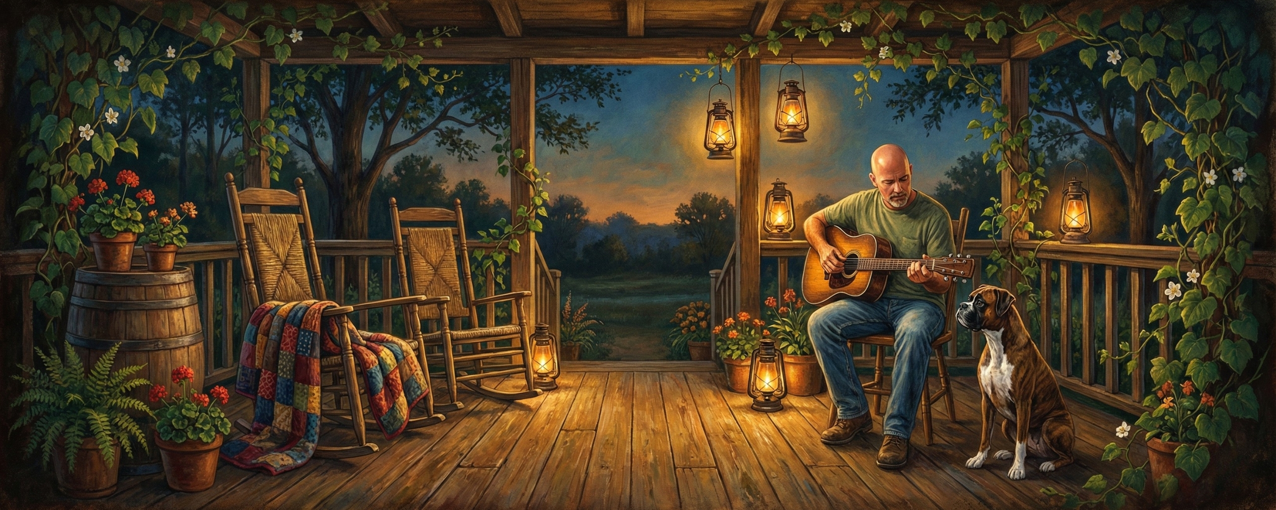 Hand-painted illustration of a musician playing acoustic guitar on a cozy porch at dusk, with a boxer dog by his side, surrounded by rocking chairs, glowing lanterns, and lush greenery.