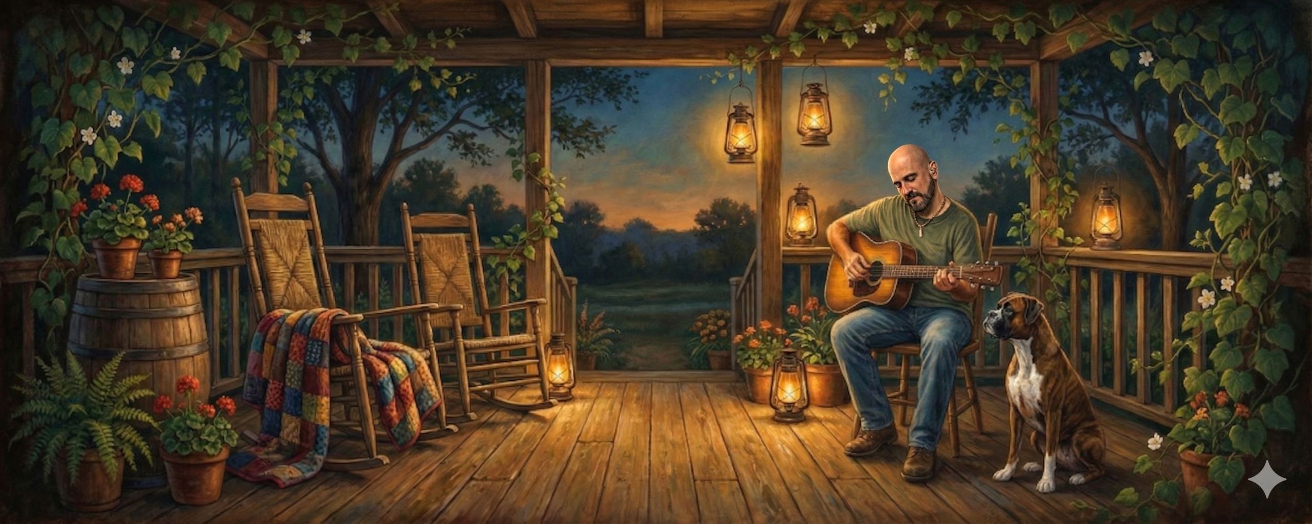 Hand-painted illustration of a musician playing acoustic guitar on a cozy porch at dusk, with a boxer dog by his side, surrounded by rocking chairs, glowing lanterns, and lush greenery.
